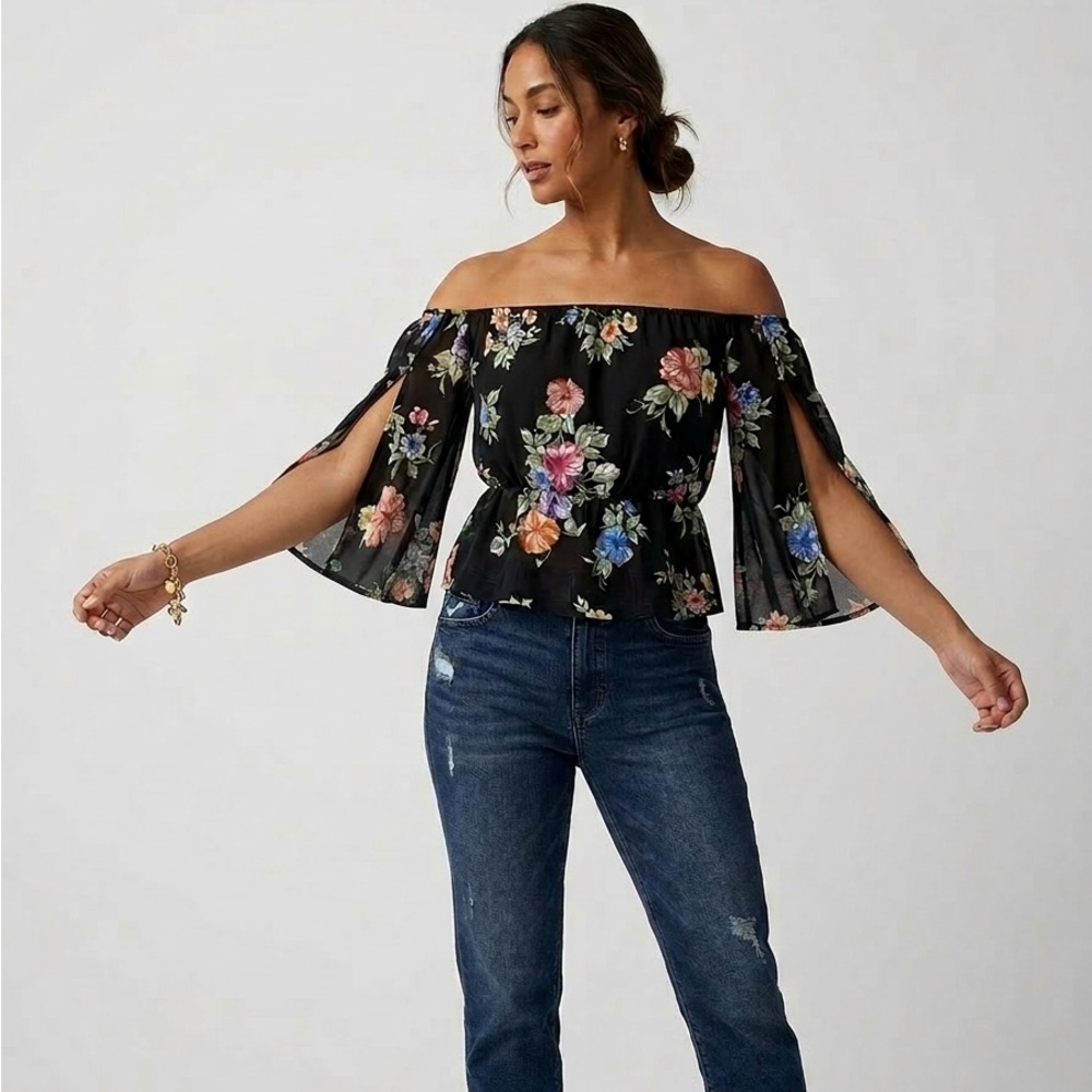 FAVLUX Black Floral Off-Shoulder Crop Top